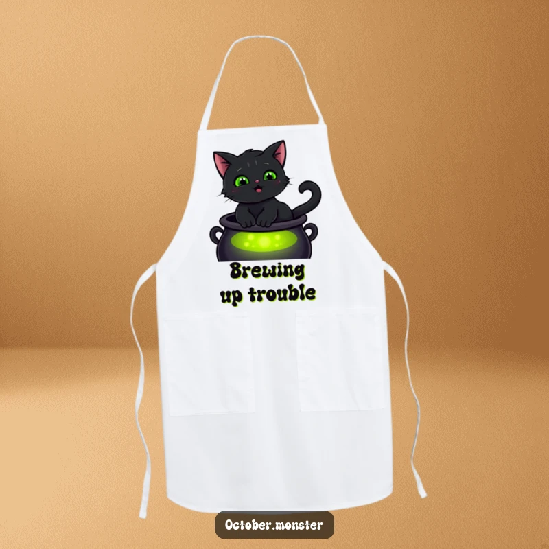 Funny smiling black cat with glowing green eyes, sitting on a cauldron, on a practical apron, for magical cooking.