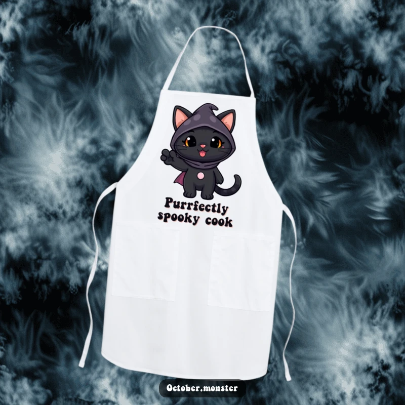 Funny Black Cat Apron showcasing a cheerful black cat in a spooky costume waving, ideal for festive cooking and kitchen fun.