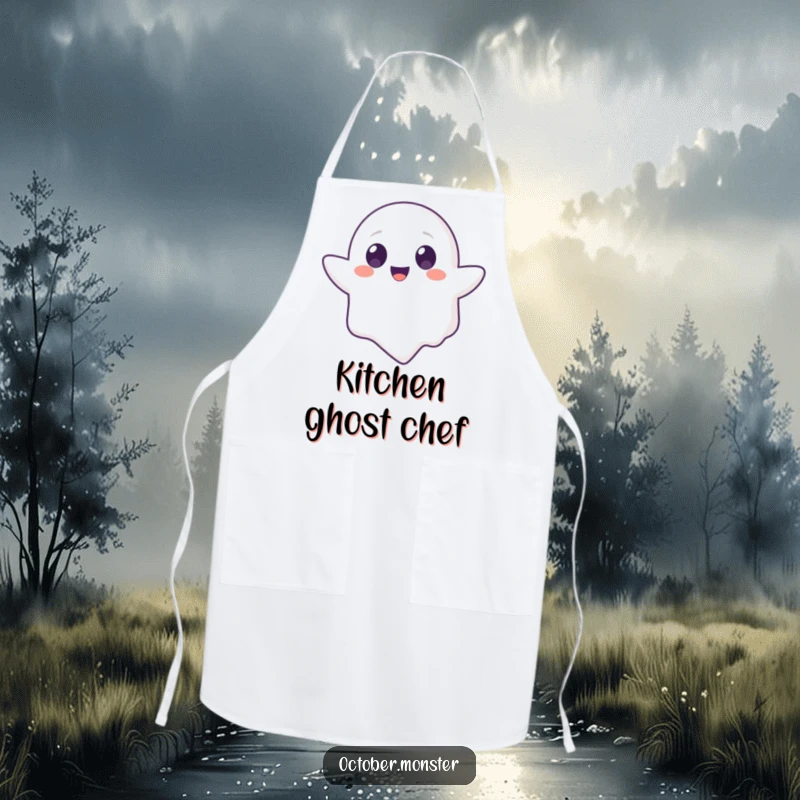 Funny Ghost Animal Apron showing a cute, round-eyed ghost character floating happily, a humorous and functional addition to any kitchen.