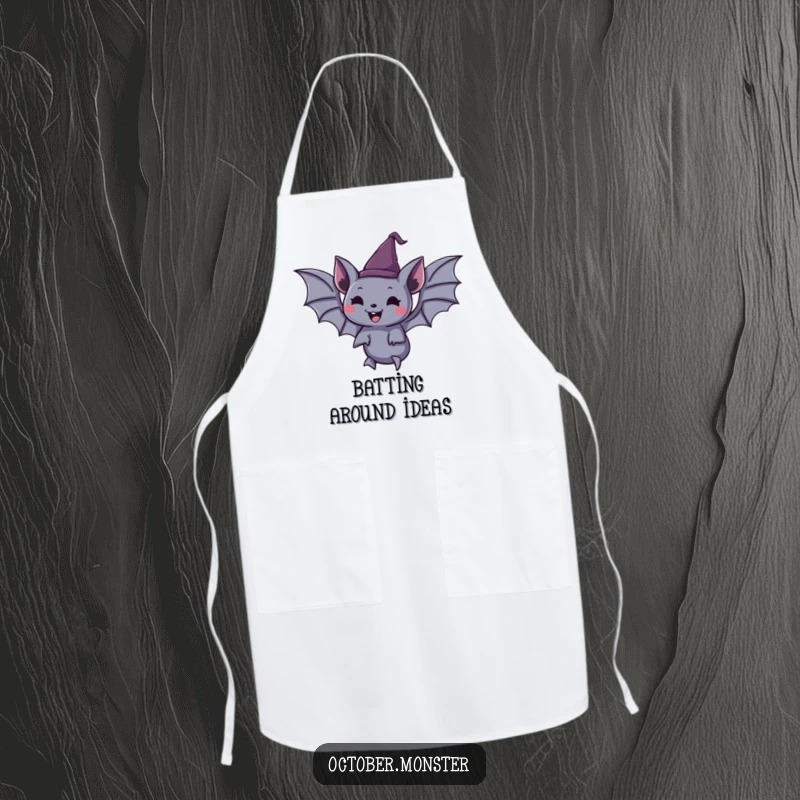 Funny spooky bat wearing a tiny pointed hat, joyfully floating, on a practical apron, perfect for kitchen fun.