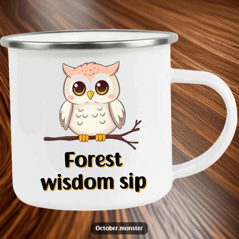 Funny chirping owl with glowing eyes perched on a cobweb, on a sturdy enamel camping mug, for wise outdoor trips.