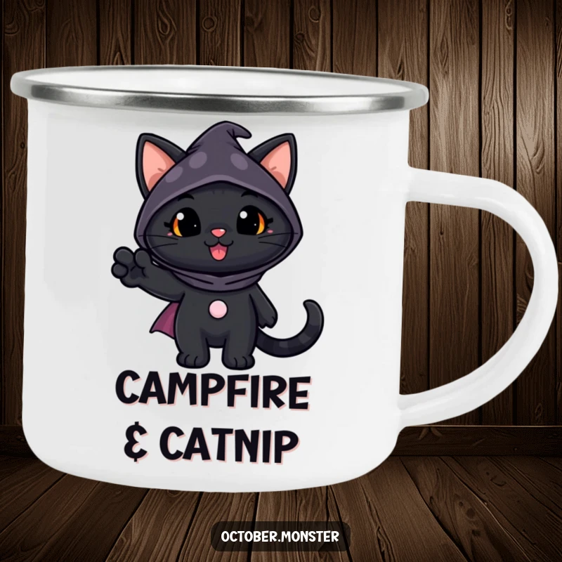 Funny Black Cat Camping Mug featuring a cheerful black cat in a spooky costume waving, perfect for outdoor use and Halloween spirit.