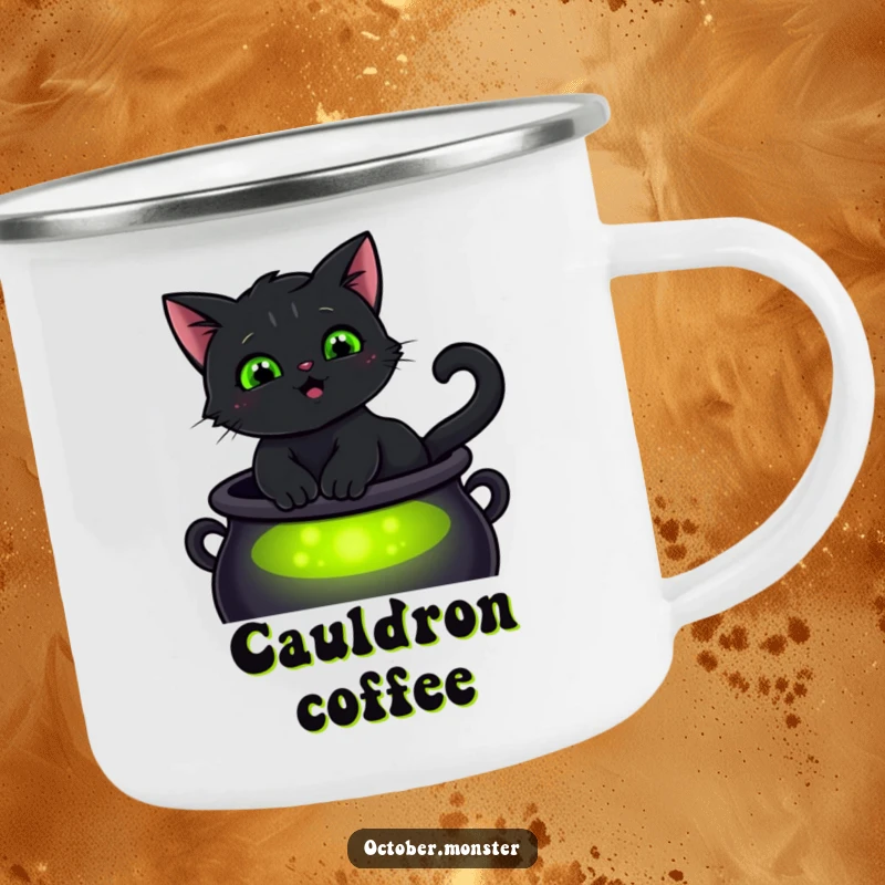 Funny smiling black cat with glowing green eyes, sitting on a cauldron, on a sturdy enamel camping mug, for magical outdoor trips.