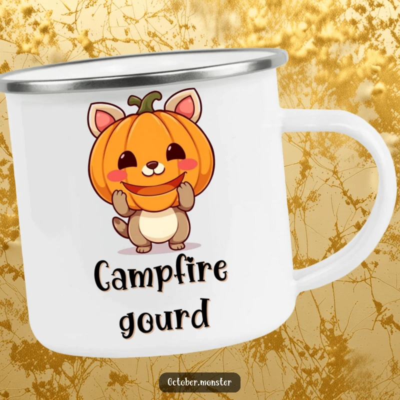 Funny pumpkin animal camping mug with a cheerful creature holding a glowing pumpkin, durable for outdoor use and festive design.