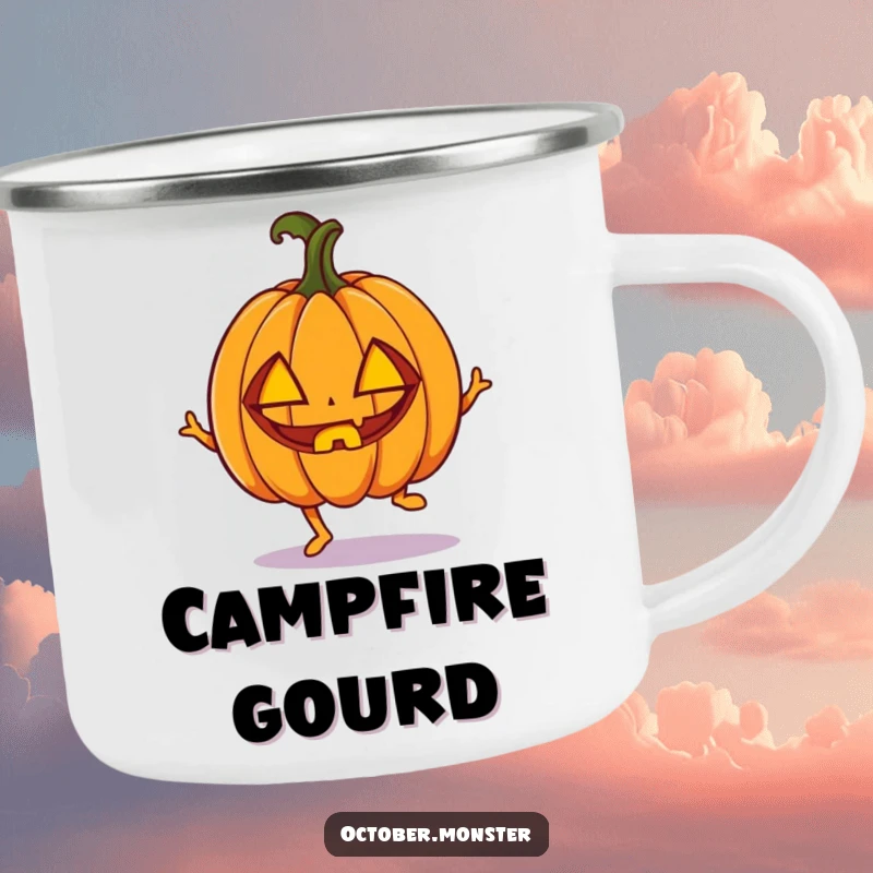 Funny enthusiastic pumpkin with carved eyes, doing a little hop, on a sturdy enamel camping mug, for energetic outdoor trips.