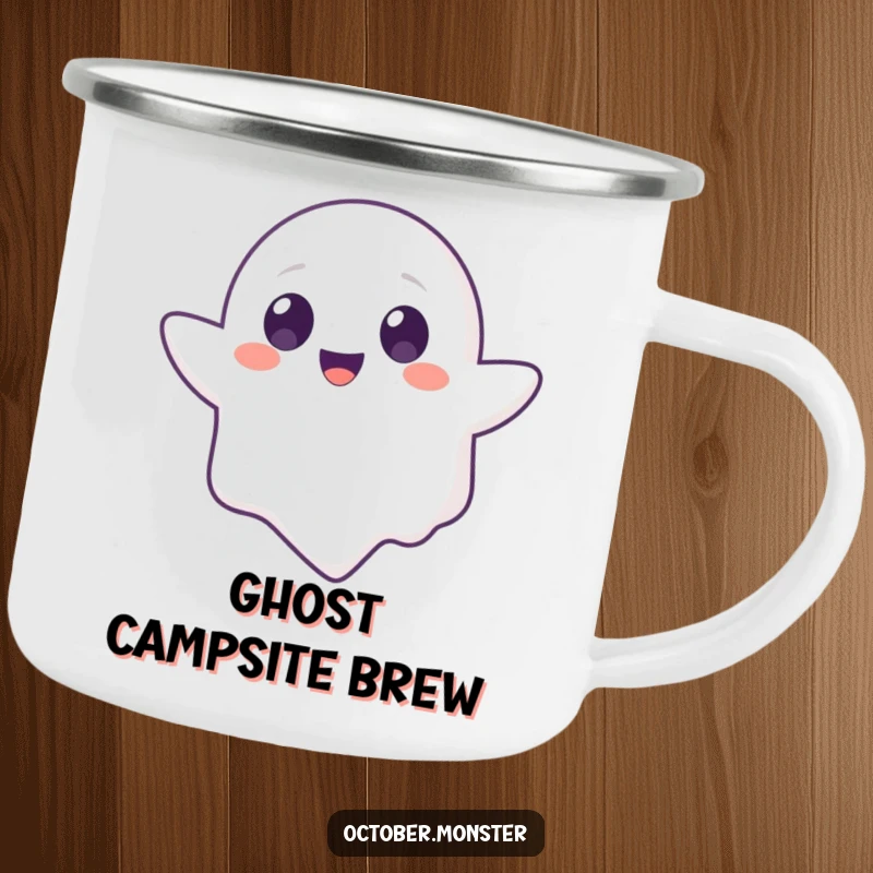 Funny Ghost Animal Camping Mug with a cute, round-eyed ghost character floating, built for adventure and humor, perfect for outdoor use.