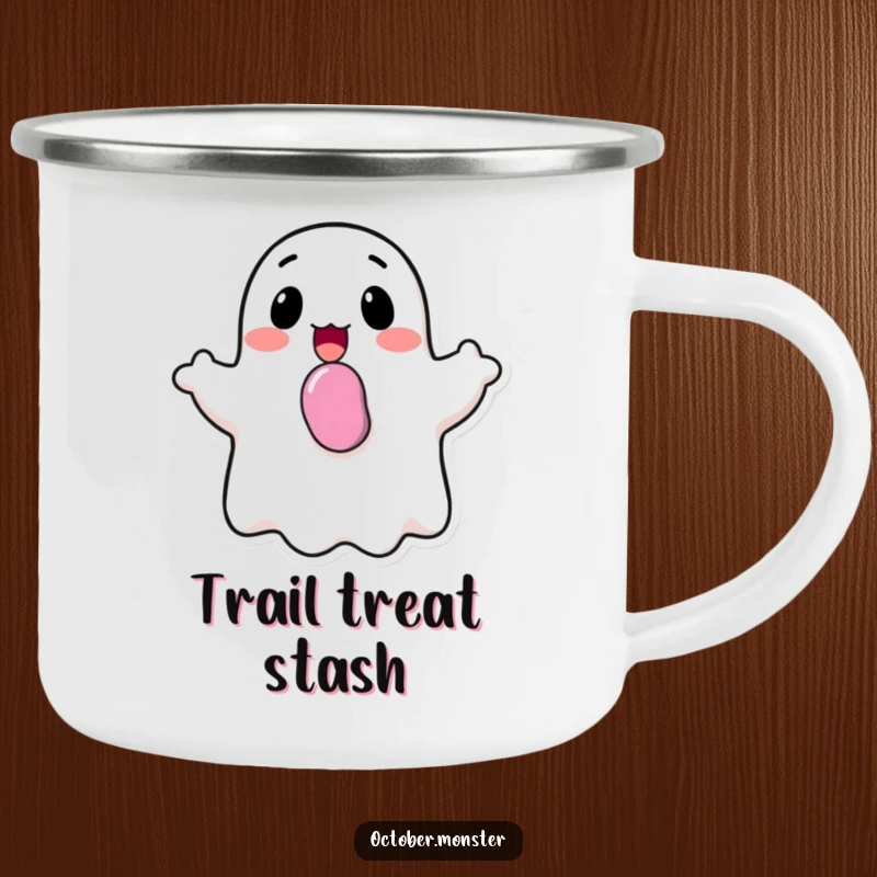 Funny happy ghost with candy in its mouth, cheerfully bobbing, on a sturdy enamel camping mug, for sweet adventures.