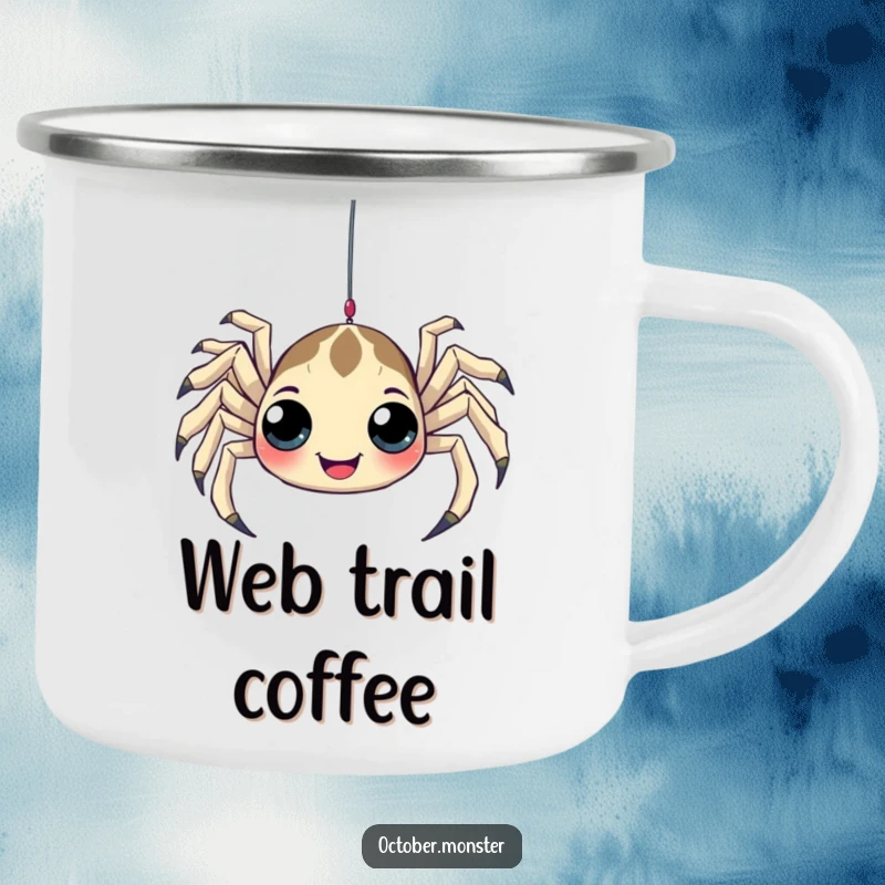 Funny Spider Camping Mug featuring a playful, multi-eyed spider dangling from a web, perfect for outdoor use and quirky humor.