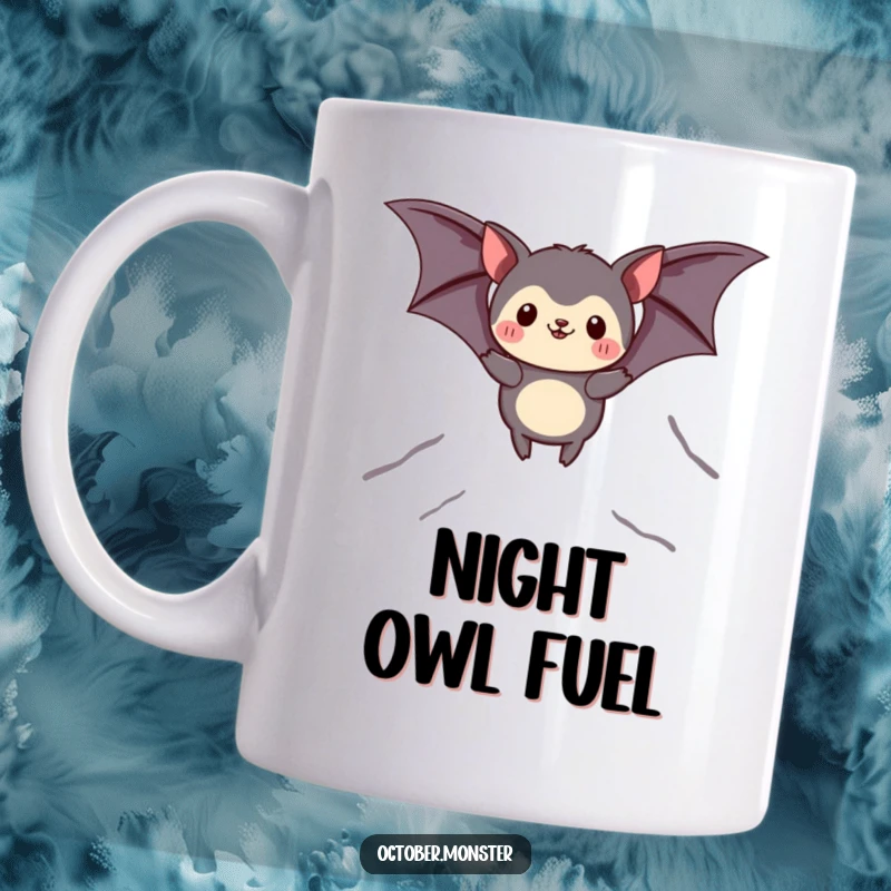 Funny bat animal mug showing a cute creature in bat wings soaring joyfully through the air, embodying playful flight.