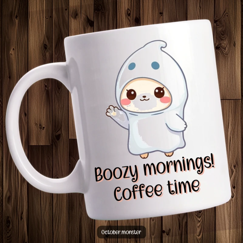 Funny ghost animal mug featuring a tiny, cute creature in a ghost costume cheerfully waving its paw, perfect for Halloween.