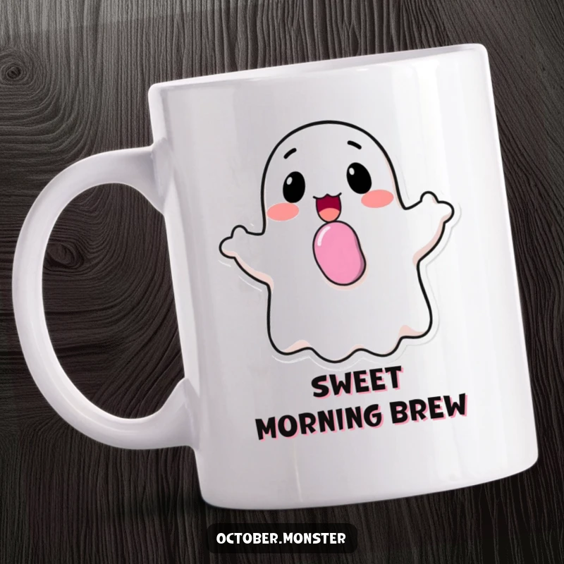 Funny happy ghost with candy in its mouth, cheerfully bobbing, on a ceramic mug, embodying sweet Halloween delight.