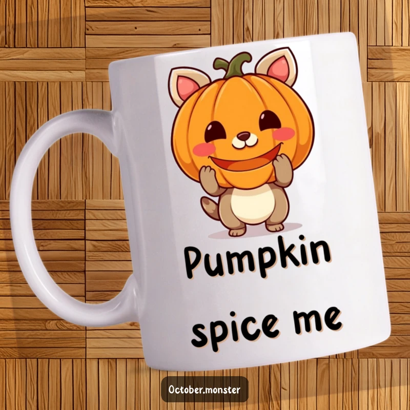 Funny pumpkin animal mug showing a cheerful creature holding a carved jack-o'-lantern with a glowing face, embodying Halloween spirit.