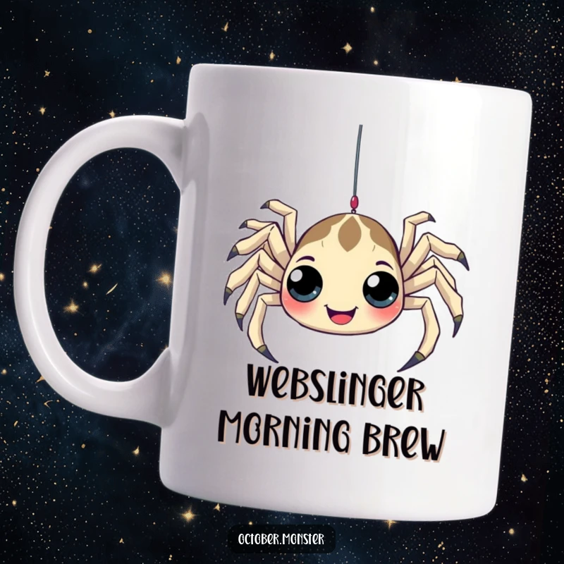Funny Spider Mug featuring a playful spider with many eyes, humorously dangling from a web, embodying quirky charm.