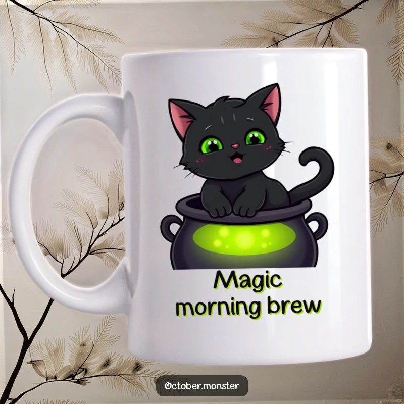 Funny smiling black cat with glowing green eyes, sitting on a cauldron, on a ceramic mug, embodying feline magic.