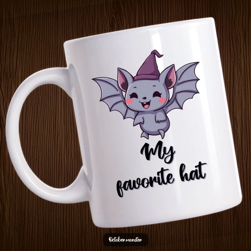 Funny spooky bat wearing a tiny pointed hat, joyfully floating, on a ceramic mug, perfect for Halloween lovers.
