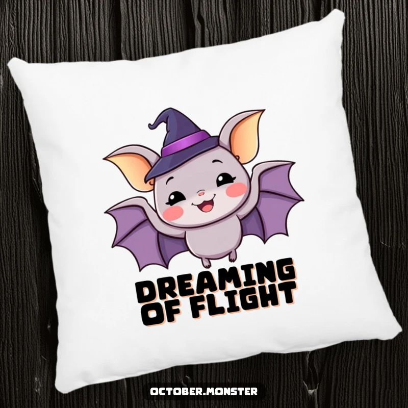 Funny happy bat wearing a tiny witch hat, flapping with glee, soft and whimsical decorative pillow.