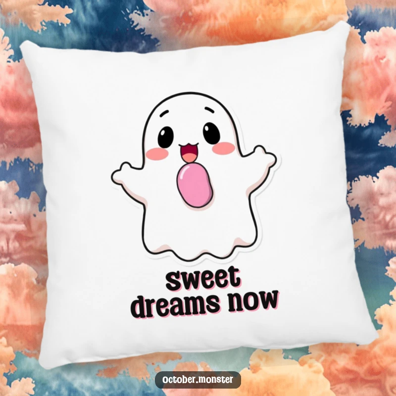 Funny happy ghost with candy in its mouth, cheerfully bobbing, on a soft pillow, bringing sweet comfort.