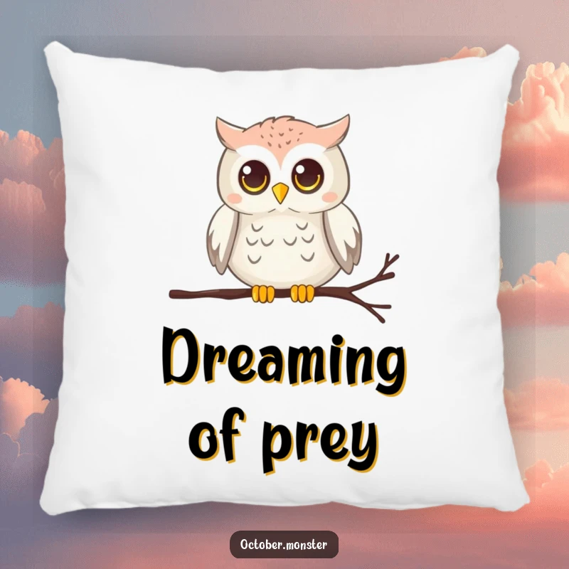 Funny chirping owl with glowing eyes perched on a cobweb, on a soft pillow, bringing wise comfort.