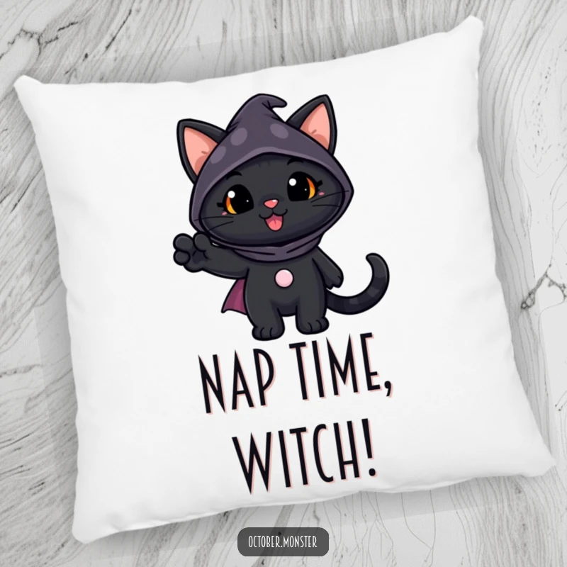 Funny Black Cat Pillow featuring a cheerful black cat in a spooky costume waving, a soft and humorous decorative item for Halloween.