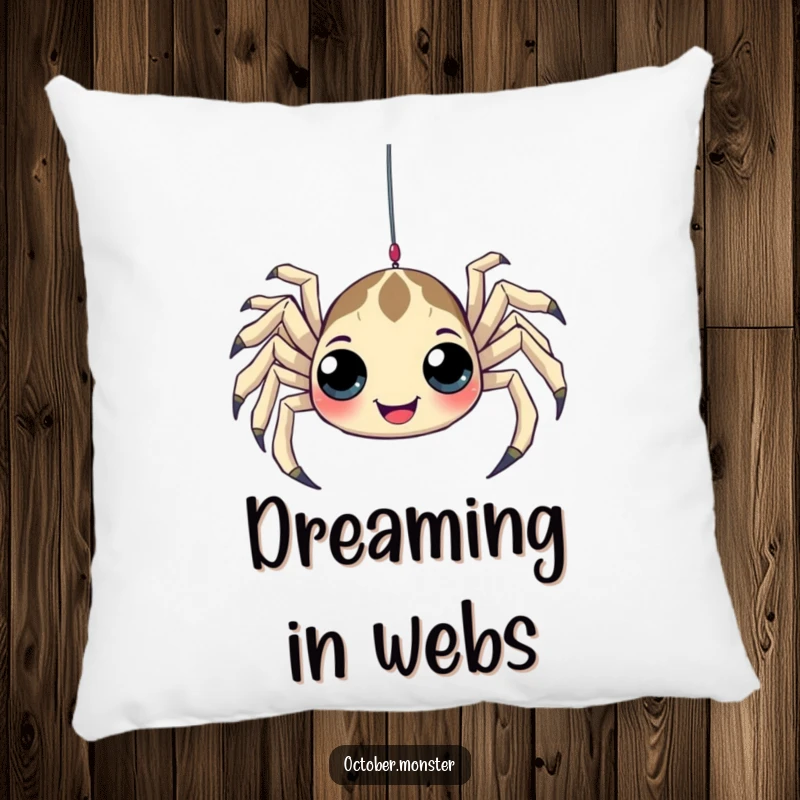 Funny Spider Pillow featuring a playful spider with many eyes, humorously dangling from a web, a soft and humorous decorative item.