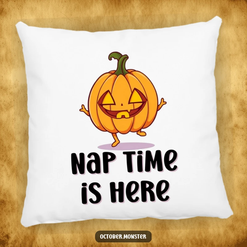 Funny enthusiastic pumpkin with carved eyes, doing a little hop, on a soft pillow, bringing energetic comfort.
