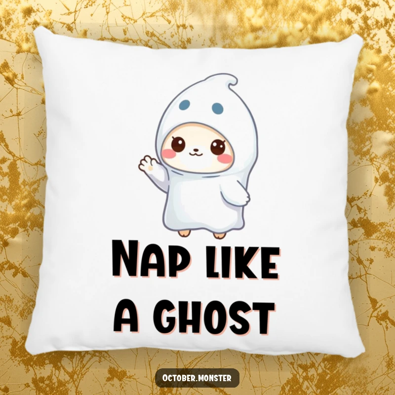 Funny ghost animal pillow featuring a small, adorable creature in a ghost costume waving, offering comfort and spooky charm.