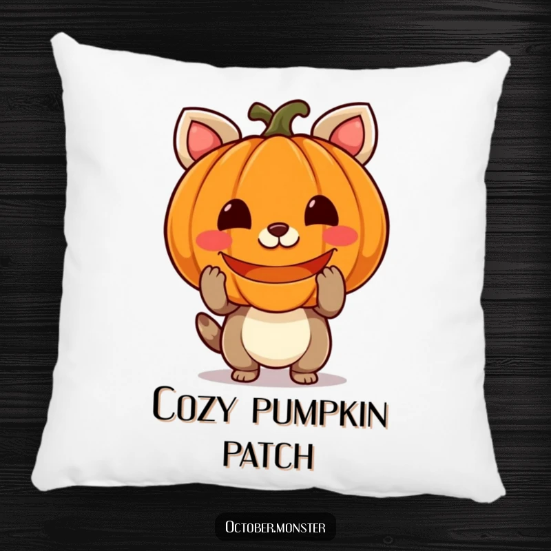 Funny pumpkin animal pillow featuring a happy creature holding a carved, glowing pumpkin, perfect for cozying up with Halloween vibes.