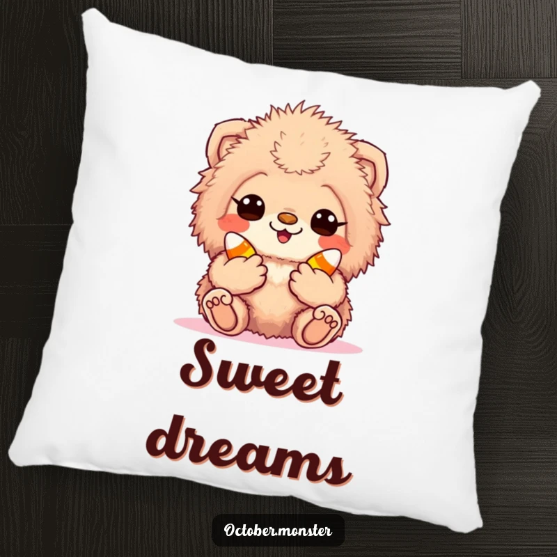 Funny candy corn creature pillow featuring a fuzzy, excited animal holding candy corn, perfect for cozying up with a sweet theme.