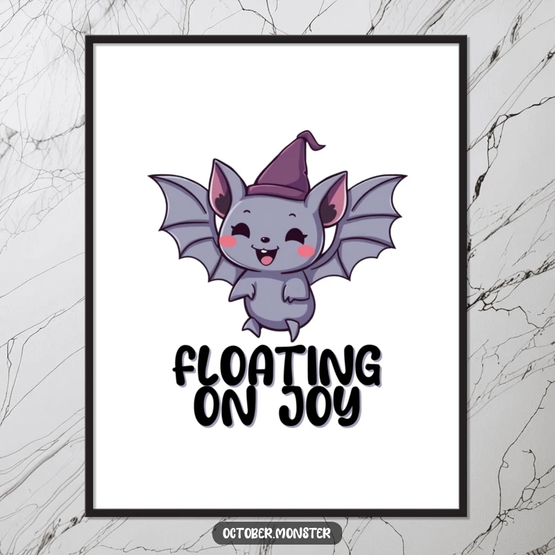Funny spooky bat wearing a tiny pointed hat, joyfully floating, as a downloadable digital art file for printing.