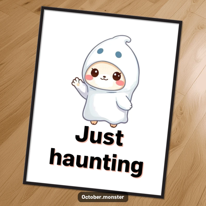 Funny ghost animal digital art print featuring a small creature in a ghost costume waving, ready for instant download and display.