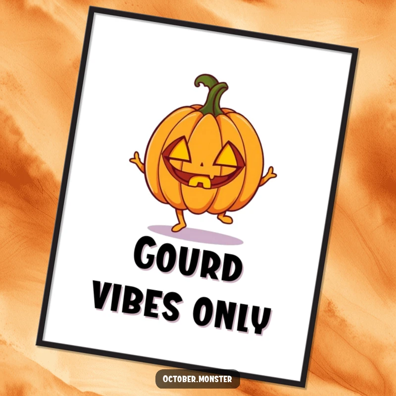 Funny enthusiastic pumpkin with carved eyes, doing a little hop, as a downloadable digital art file for printing.