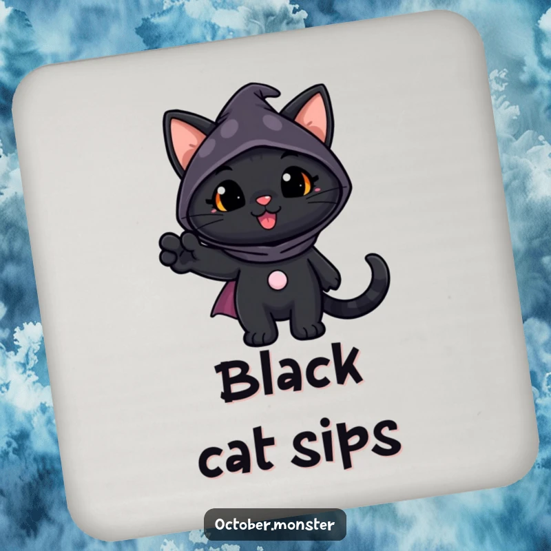 Funny Black Cat Coaster featuring a cheerful black cat in a spooky costume waving, adding Halloween charm and protecting surfaces.