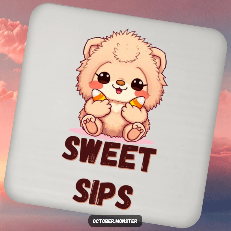 Funny candy corn creature drink coaster showing an excited, fuzzy animal holding candy corn, protecting surfaces with sweet charm.