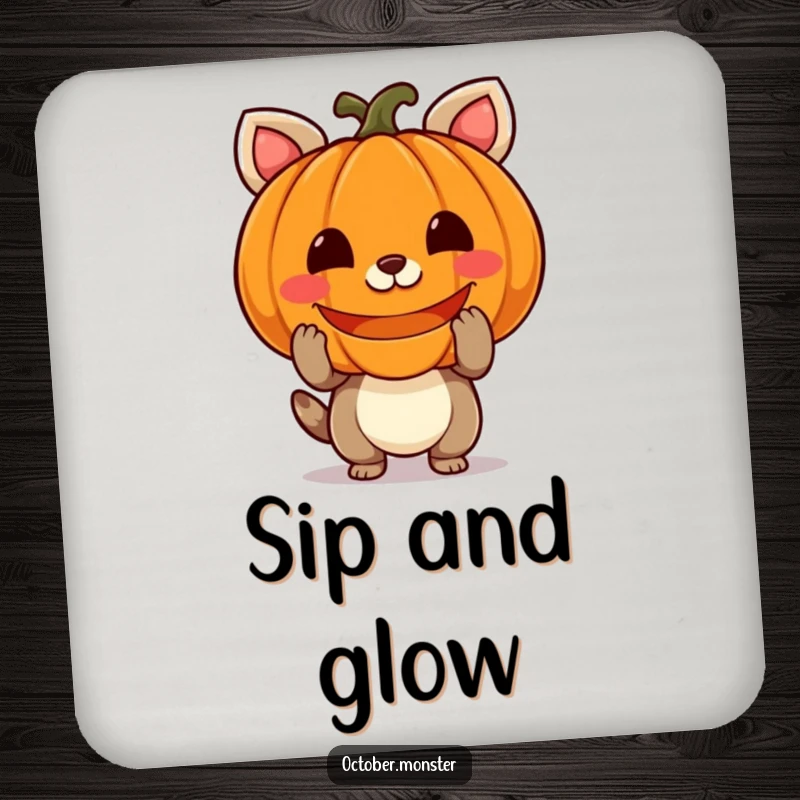 Funny pumpkin animal drink coaster showing a cheerful creature holding a carved, glowing pumpkin, protecting surfaces with Halloween spirit.