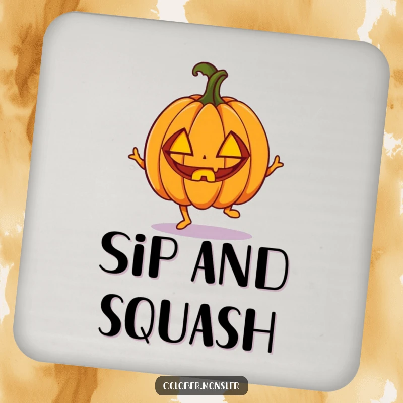 Funny enthusiastic pumpkin with carved eyes, doing a little hop, on decorative drink coasters, for energetic table protection.