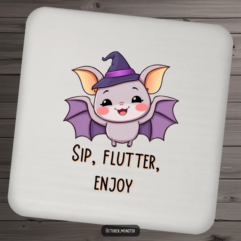 Funny happy bat wearing a tiny witch hat, flapping with glee, protective drink coasters, adds spooky charm.