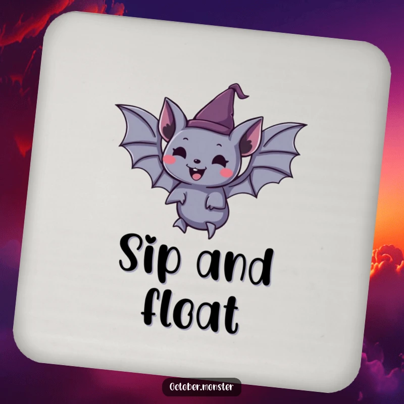 Funny spooky bat wearing a tiny pointed hat, joyfully floating, on decorative drink coasters, protecting surfaces.