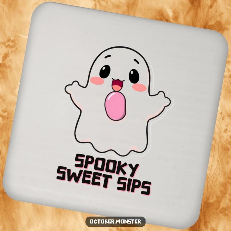 Funny happy ghost with candy in its mouth, cheerfully bobbing, on decorative drink coasters, for sweet table protection.