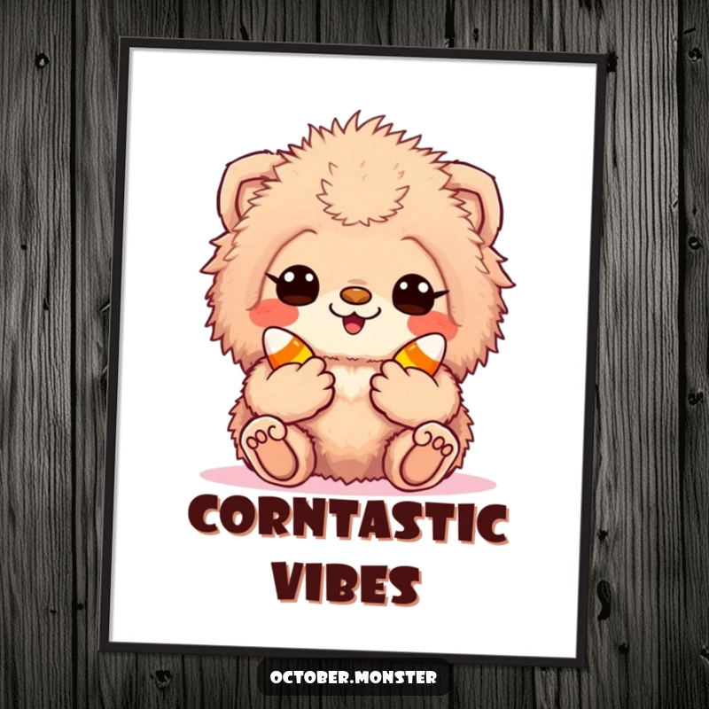 Funny candy corn creature poster showing an excited, fuzzy animal holding candy corn, embodying sweet joy and autumn themes.