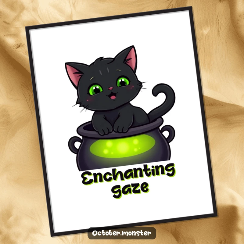 Funny smiling black cat with glowing green eyes, sitting on a cauldron, as a vibrant art print, depicting feline mystique.