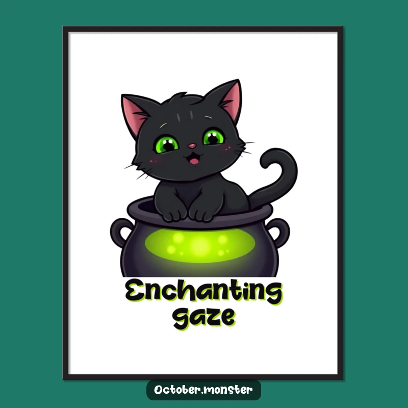 Funny Black Cat Art Print - Magical Glowing Eyes Decor Gift