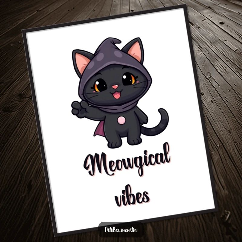 Funny Black Cat Poster depicting a cheerful black cat in a spooky costume waving its paw, a delightful piece of Halloween-themed art.