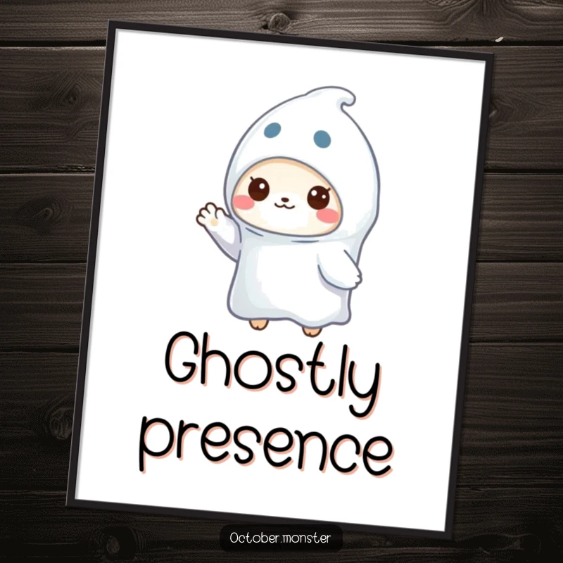Funny ghost animal poster showcasing a tiny creature in a white ghost costume waving, adding a touch of cute Halloween art.
