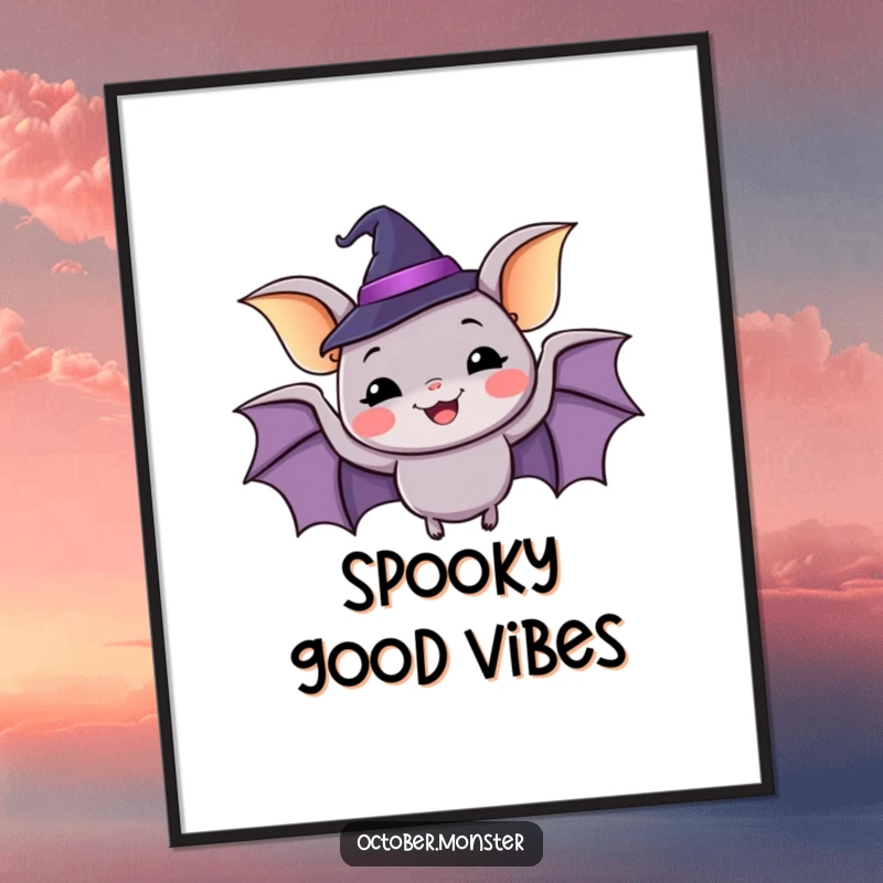 Funny happy bat wearing a tiny witch hat, flapping with glee, vibrant wall art for Halloween lovers.