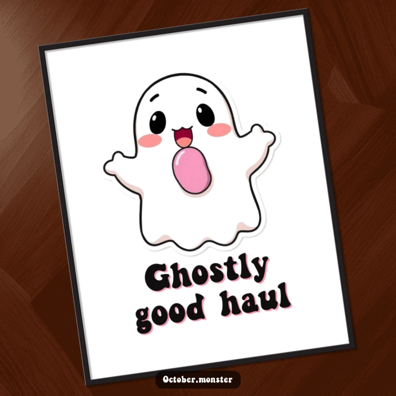 Funny happy ghost with candy in its mouth, cheerfully bobbing, as a vibrant art print, depicting Halloween sweetness.