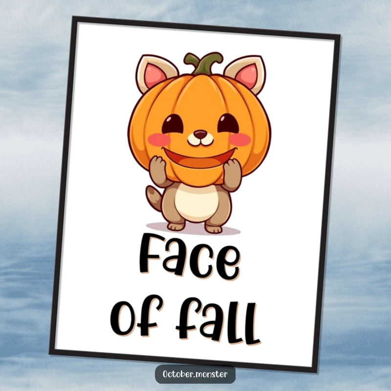 Funny pumpkin animal poster showcasing a cheerful creature holding a glowing, carved pumpkin, embodying the spirit of Halloween.