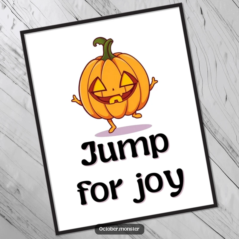 Funny enthusiastic pumpkin with carved eyes, doing a little hop, as a vibrant art print, conveying Halloween joy.