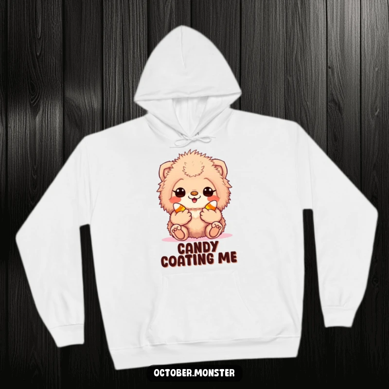 Funny candy corn creature hoodie with a fuzzy, excited animal holding candy corn, designed for warmth and sweet-themed fun.