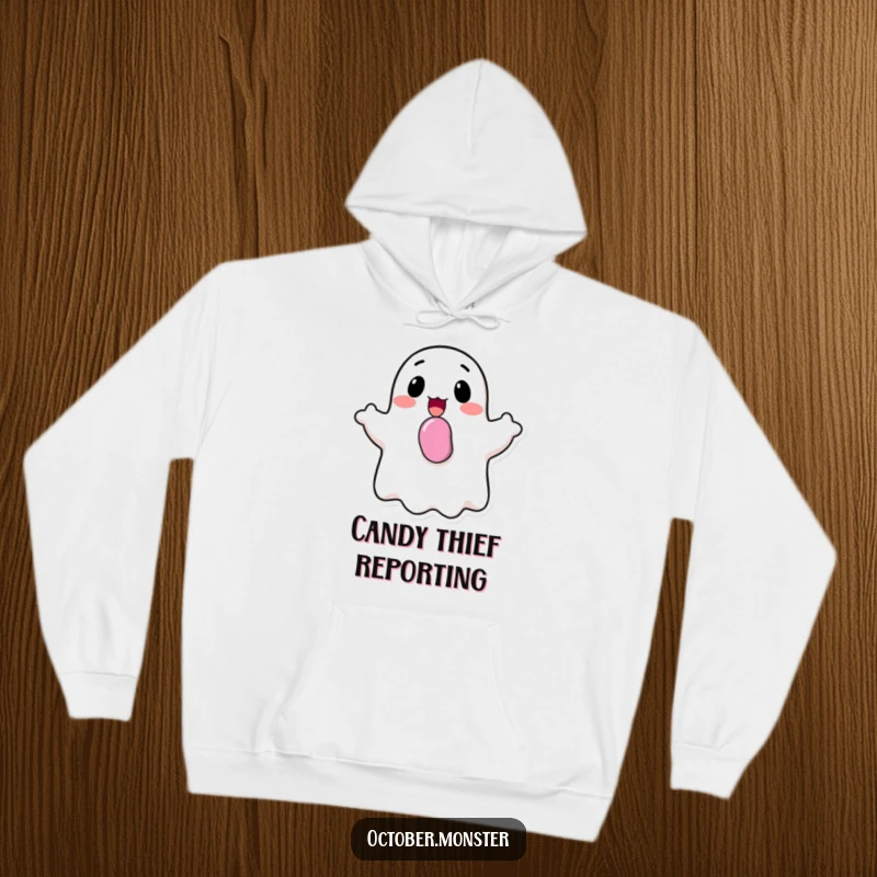 Funny happy ghost with candy in its mouth, cheerfully bobbing, on a warm hoodie, for ultimate cozy Halloween vibes.