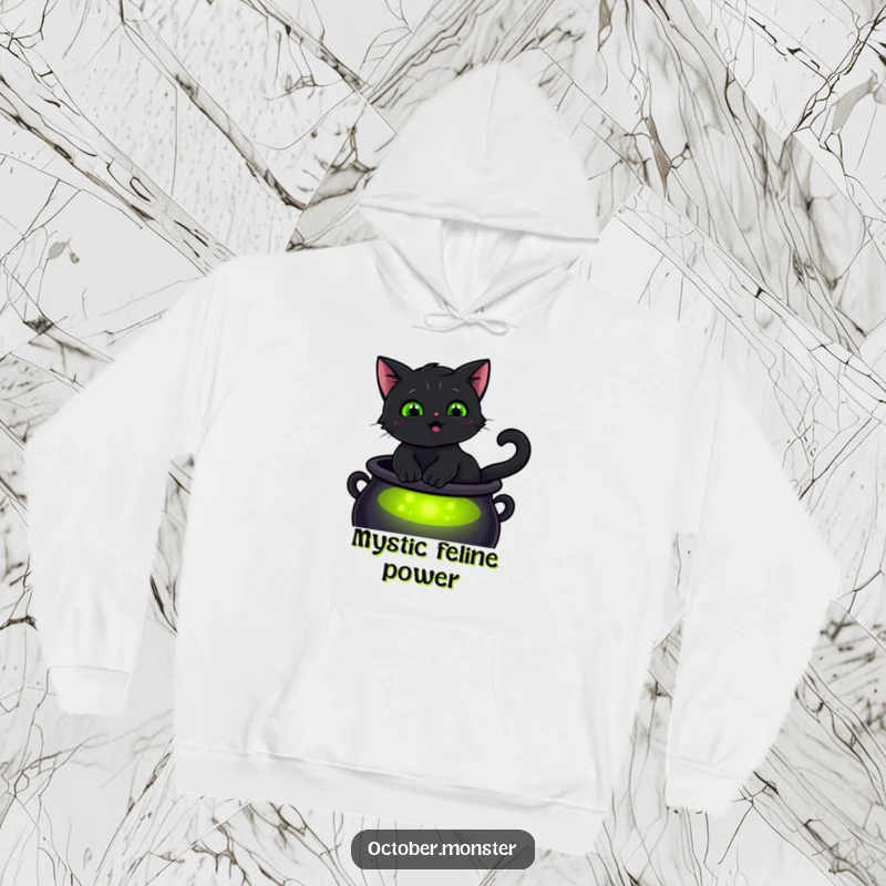 Funny smiling black cat with glowing green eyes, sitting on a cauldron, on a warm hoodie, for cozy enchantment.